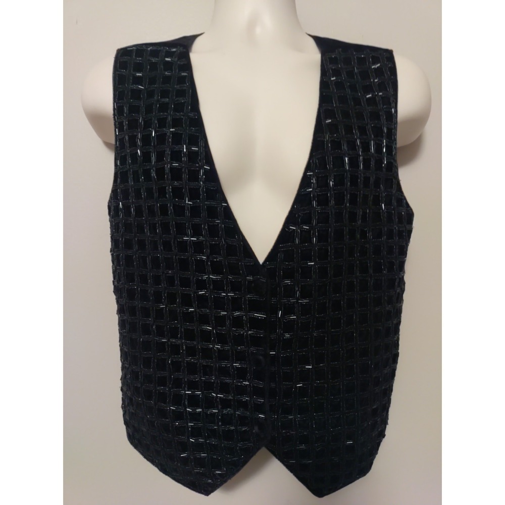 ZOOG  Black Intricate Beaded Weighted Handmade Button Down Vest‎ Size M